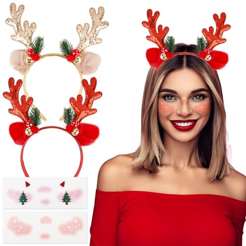 BOFUNX 2 Stücke Geweih Haarreif Weihnachten Rentier Haarreif + 2pcs Gesicht Tattoos für Weihnachten Neujahr Karneval Party Fotorequisiten