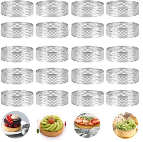 Happysnow Lot de 20 cercles à gâteau ronds avec trous, tartes aux fruits, quiches, gâteaux, mousse, cuisine, moule à gâteau, anneau perforé en mousse, 8 cm