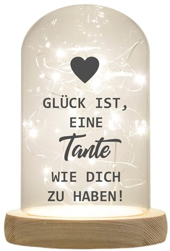 WB wohn trends LED-Glaskuppel, Glück ist eine Tante wie Dich zu haben, 16,5x11cm, Glasglocke mit LED-Licht und Holz-Fuß LED-Laterne LED-Lampe mit Text Spruch