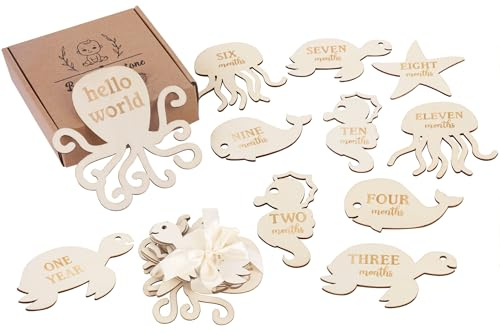Sursurprise Under The Sea Milestone Cards, Baby Monthly Milestone Markers Wooden, 13PCS Ocaen Animals Double Sided Hello World Newborn 1-12 Months Circles Discs Signs Props