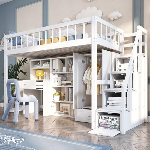 Merax Hochbett 90x200cm, Massivholz Kinderbett mit Kleiderschrank & Schreibtisch, multifunktionales Etagenbett mit Stauraum, für Jungen, Mädchen, Weiß (Ohne Matratze)
