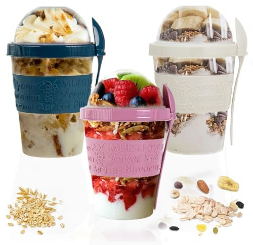 SAFRI 600ml Over Night Oats Container Reusable Yogurt Cups 100% BPA Free Breakfast On The Go Cereal Yogurt Pot with Lids and Spoon (White, Pink & Teal Blue Cup)