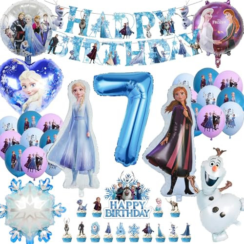 COQOYO Froze Geburtstagsdeko Luftballons Set, 46pcs Eiskönigin Eisa Anla Prinzessin Party Deko Folienballons für 7 Jahre Mädchen, Kindergeburtstag Helium Ballons mit Happy Birthday Banner Tortendeko