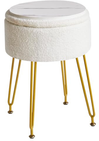 IBUYKE Teddy Velours Rangement Repose - Pieds Ottoman, Maquillage vanité Tabouret, Table d'appoint avec Couvercle Amovible, Pieds en Acier doré, Couvercle de Table Basse, Blanc WBD010W