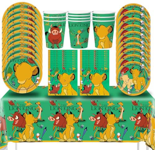 OPVXZAD 51 Pezzi Stoviglie per Feste Re Leone Leone Jungle Animal Party Stoviglie Set Lion Party Tableware Supplies Include Tazze di Carta Cannucce Scodelle di Carta Fazzoletti e Tovaglie