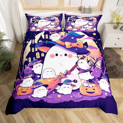 Ghosts Of Halloween Duvet Cover Double for Kids Halloween Party Decorations Bedding Sets, Happy Halloween Ghost Decor Comforter Cover Cartoon Ghost Witch Broom Pumpkin Decor Bed Cover