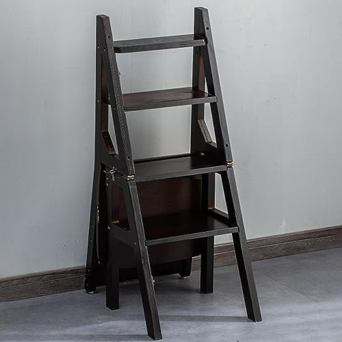 Wooden Folding Library Ladder Chair, Step Stool For Adults/Step Ladder/Counter Chair, 4-Step Folding Portable Wooden Step Stool, for Office Home Kitchen (Color : Black)