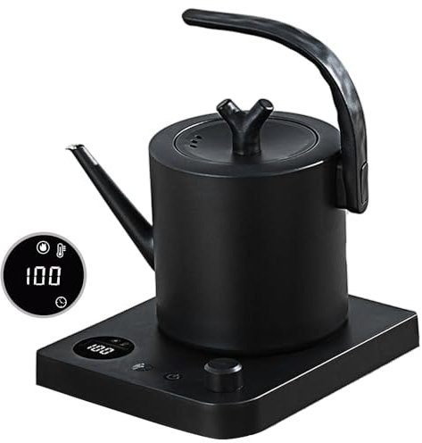 Hervidor de acero inoxidable con ajuste de temperatura, hervidor de 1L con cuello de cisne, 360°Base, antiquemaduras inteligente, protección de apagado automático a alta temperatura, negro mate