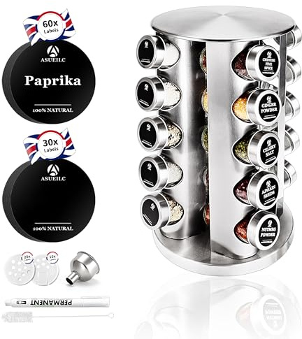 DSUID SAEIV 360° Rotating Spice Rack, Round Stainless Steel Spice Rack with Jars, Spice Organiser, Lazy Susan for Kitchen Storage & Organisation, Set with Labels, Funnel, Brush, Pen & Spice Stopper