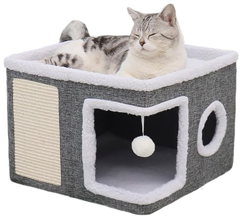 Maycoly Katzenhaus Indoor Faltbare,40 x 40 x 31 cm mit Hängendem Spielzeug Katzenkratzbrett, Katzenloch, Waschbare Doppelseitige Weiche Unterlage, Geeignet für Kleine und Mittlere Haustiere