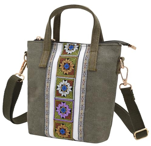 TeeYee Damen Klein Boho Canvas Umhängetasche Embroidery Mini Crossbody Bag Handtasche mit Abnehmbarer Schultergurt
