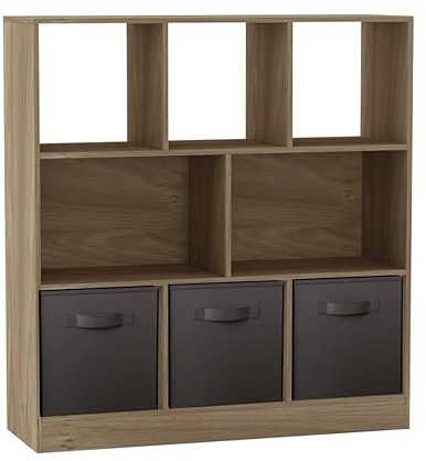 URBNLIVING Asymmetrical 8 Cube Oak Bookcase Storage Unit with 3 Fabric Drawer Inserts – Wooden Display Shelf for Home, Office, or Bedroom Organization Black