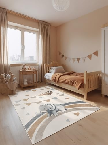 Villeroy & Boch Boho Kids - Kinderteppich - Walk Like an Elephant Rainbow Party - weicher Kurzflor, Kinderzimmer Mädchen & Junge, Kinder Spielteppich, Krabbelteppich - Creme Multifarben, 160x230 cm