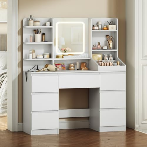 HOOBRO Schminktisch mit LED-Beleuchtung, 7 Schubladen und 5 offenen Ablagen, Schminktisch mit Spiegel und Ladestation (2 AC Steckdosen, 1 USB-A, 1 Typ C), für Schlafzimmer, Weiß EWT110CDSZ01