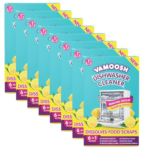 Vamoosh Dishwasher Cleaner and Descaler (Lemon, 8 Cleans) – New Formula | Dissolves Food Scraps, Dirt and Grime - Removes Limescale and Bad Odours - Dishwasher Cleaner Deep Cleaning Power