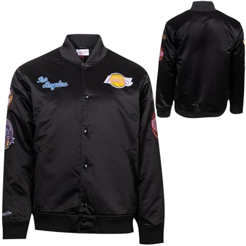Mitchell & Ness NBA Blackout Heavyweight Satin Jacke | hochwertige Patches und Stickereien auf Brust und Ärmeln | Rippbündchen an Kragen, Ärmeln und Saum | Leistentaschen