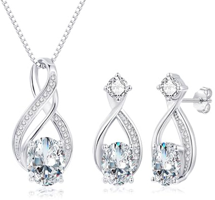 Bewenda Schmuckset Silber 925 Damen, 925 Sterling Silber Unendlichkeit Halskette & Ohrstecker Set, 2 PCS Schmuck Set - Silberkette mit Tropfen Anhänger & Ohrstecker mit 5A Zirkonia für Mutter Ehefrau