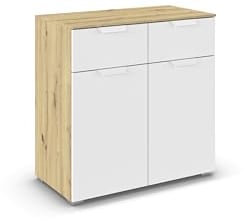 Rauch Möbel ADITIO, Kommode, Farbe Weiß/Eiche Artisan, Breite 80 cm | Sideboard im modernen Look, 2-türig, 2 Schubladen, Soft-Close-Funktion, für Schlafzimmer, Gästezimmer, Wohnzimmer, Garderobe