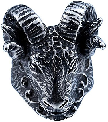 HIJONES Mens Stainless Steel Vintage Silver Tone Black Goat Horn Gothic Biker Ring Animal Head Size W