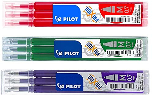 Pilot Frixion erasable pens refill, 9 refill bundle Green, Red, Violet or Purple gel ink fine pt 0.7mm, assorted colors