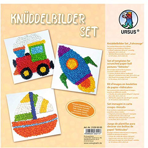 Ursus 21290005 - Knüddelbilder Set, Fahrzeuge, ca. 22,5 x 22,5 cm, 300 g/qm, 6 Bilder in verschiedene Motive, einseitig bedruckt, inklusive Bastelanleitung, für Jungen und Mädchen