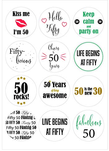 50. Geburtstag Sticker | 12 Aufkleber mit Motiv, 6 cm Durchmesser, 50. Geburtstag - Sticker - Geburtstagssticker - 50. Geburtstag Weiß