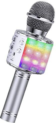 ShinePick Microfono Bambini Wireless, Microfono Karaoke Bluetooth, Portatile Microfono Karaoke con Altoparlante, LED Flash, per Android/iOS, PC e Smartphone(Argento)
