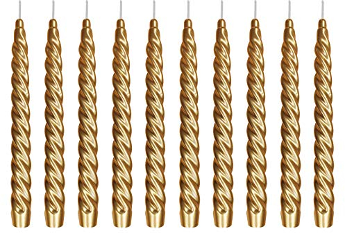 Ebersbacher Kerzenfabrik GmbH Renaissancekerzen Spitzkerzen gedreht lackiert Gold, 10 Stück, Größe ca. 22 x 250 mm, einzeln in Folie, Leuchterkerze Tafelkerze Stabkerze