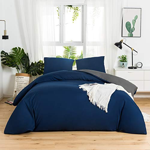 MOHAP Housse de Couette Réversible 240x260 / 65x65x2 cm Bleu + Gris Foncé Parure de Lit Bicolore pour 2 Personnes Fermeture Éclair Sets de Housse Couette