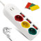 FISHTEC Multiprise Trio Color avec Interrupteurs Individuels - 3 Prises Rouge, Jaune et Verte + 2 Ports USB 2A - Stickers d'Identification Inclus - Long Câble avec Tête Ronde - 23 x 8 cm - Blanc