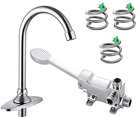 NUZAMAS Rubinetto step-On, miscelatore per lavello commerciale a pedale, girevole a 360°, valvola in ceramica, argento, ottone, galvanizzato, industriale, 1 foro, centrale, 270 mm, 55 mm, rubinetto