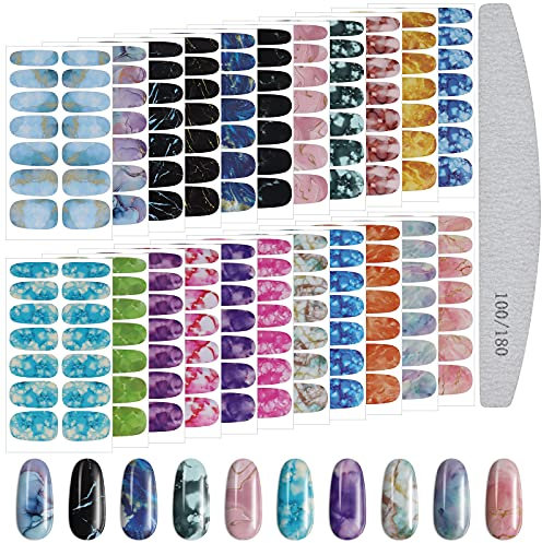 TOROKOM Full Wraps Nail Stickers Decals- 22 Sheets Marble Full Wraps Stickers for Nails Self Adhesive Nail Art Decal Strips with Polish File Tool for Women Girls DIY Manicure Art