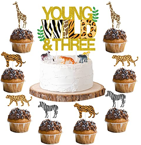 Sursurprise Dschungel Wild & Three Cake Topper, Dschungeltiere Cupcake Topper, Safari Dschungel Animal Print Happy 3 Geburtstag Kuchen Dekor, 3 Geburtstag Party Dekorationen 25 Pack