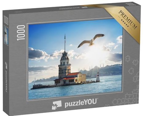puzzleYOU: Puzzle 1000 Teile „Möwe fliegt tagsüber in der Nähe des Maiden's Tower in Istanbul, Türkei“