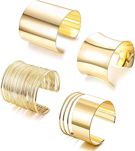 LOLIAS 4 Stück Gold Manschette Armreif Offen Breiter Armbänder Manschette Armreif Armbänder Legierung Einstellbares Armbänder Gold Spule Armbänder für Damen Mädchen Goldarmbänder