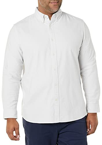 Amazon Essentials Men's Long-Sleeved Regular-fit Stretch Oxford Shirt (Available in Big & Tall), Light Grey Vertical Stripes, XS