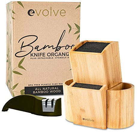 EVOLVE Bamboo Knife Block - Universal Kitchen Knife Holder - Safe & Space Saver Knife Storage that Covers Knife Blades Up To 9” & Holds Up To 20 Knives with Machine Washable & BPA Free Flex Rods.