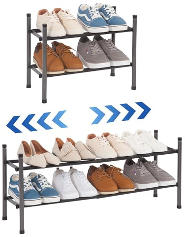 STORAGE MANIAC Expandable Shoe Rack for Closet, 8 Pairs Stackable Small Shoe Rack, Metal Adjustable Shoes Organizer for Entryway, Hallway, Garage, Front Door, Shoes Shelves, Black 2 Tier