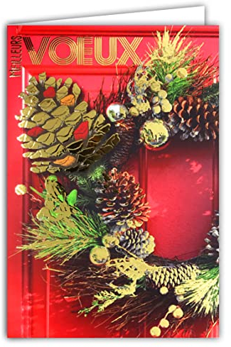Afie 61-5682 Karte zur Präsentation der besten Wünsche, mit Umschlag und Vergoldung in glänzendem Gold, funkelnd, Tannenzapfen, Mistelzweig, Weihnachtskugeln, Krone, Eingangstür rot