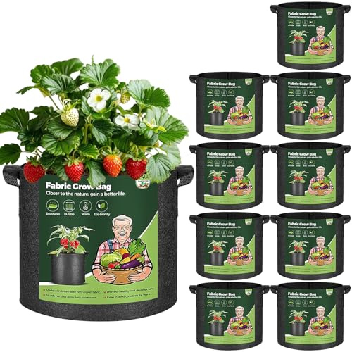T4U Grow Bags with Handles, 5 Gallon 10 Pack Fabric Grow Bags for Vegetables, Breathable Fabric Pots for UK Gardeners Growing Tomato, Carrots, Herbs & Strawberry on Balconies, Patios or Small Gardens