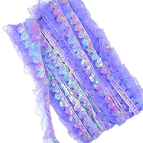 12Yards 25-30mm Vintage Glitzer Pailletten Organza Rüschen Borten Spitzenband Paillettenband Spitzenborte Dekoband Zierband Pailletten Bänder Plissiertborten für DIY Nähen Hochzeit Kostüme Deko,Lila