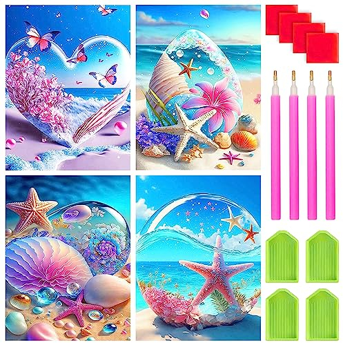 TZQFROCE Diamond Painting Full Set 4 Stück 30 * 40cm 5D Diamond Painting Seesterne DIY Strand Diamant Painting Bilder mit Diamond Painting Zubehör für Geschenk Home Büro Wand Dekoration