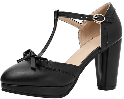 Lroey Reoly Women Mary Jane Shoes, Round Toe High Heel Sandals Buckle Classic Block Heel Mary Jane Shoes T Strap with Platform Bows, 1686ARK Black Size 10.5 UK/48