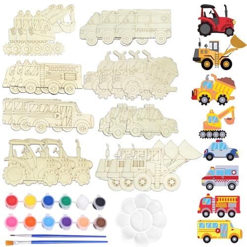 YeahBoom 29 Stück Auto Bastelset Kit zum Bemalen, Holz Deko, Basteln für Kinder, Farbiger Pinsel, Glitzersticker für DIY Malen Dekoration