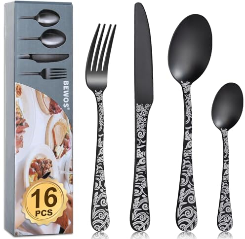 BEWOS - Juego de cubiertos de 16 piezas, juego de cuchillo y tenedor de satén con patrón floral negro mate, juego de cuchara, tenedor de acero inoxidable, juego de cubiertos con tenedores, cuchillos y