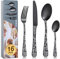Cutlery Set, BEWOS 16 Pieces Satin Knife and Fork Set with Matt Black Floral Pattern, Stainless Steel Knife Fork Spoon Set, Silverware Set with Forks Knives and Spoons Set, Service for 4