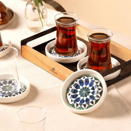 KARACA Roman 12 tlg. Keramik Teeset 10 cm - Elegantes Tee Service-Set mit 6 Teegläsern und 6 Teetellern für stilvolles Teetrinken und Genießen - Zeitloses Design und hochwertige Qualität