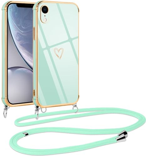 Vauki handyband für iPhone XR Hülle mit Band, Handyhülle mit Kette, Herz Motiv, Ultra Dünn Stoßfeste Aesthetic Case mit Kordel zum Umhängen für iPhone XR 6.1 Zoll, Grün