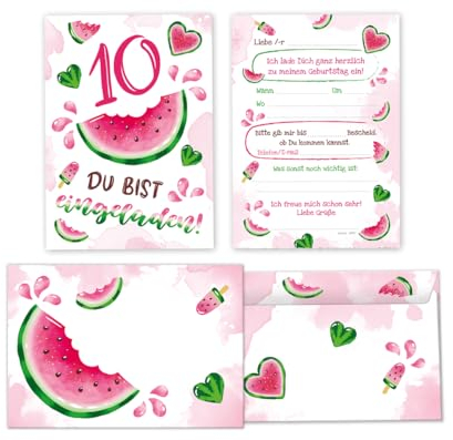 Minkocards 12 Einladungskarten incl. 12 Umschläge zum 10. Kindergeburtstag Mädchen Wassermelone Einladung zehnte Geburtstag Mädchengeburtstag Geburtstagseinladungen