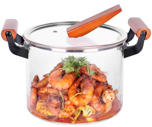 VNNHGB Marmite en Verre Transparent, résistante à la Chaleur, marmite de 5 L, Casserole de Cuisson avec Couvercle et poignée en Bois, faitout Multifonction pour Soupe de Nouilles, Aliments au Lait